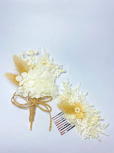Handmade Dried Flower Boutonniere and Hair Clip Set Ivory