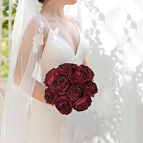IPOPU Burgundy Artificial Roses 25pcs Flower Heads for Decor