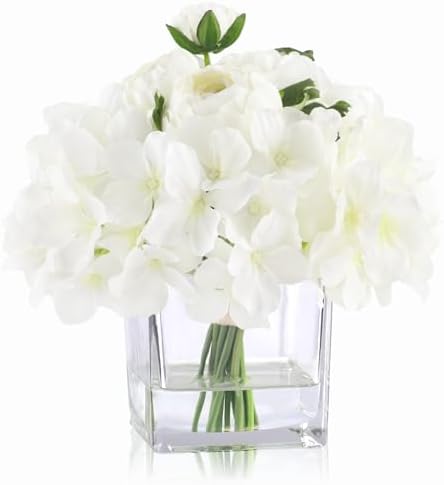 WELL KNOWN Artificial Hydrangea Ranunculus Flowers in Vase White