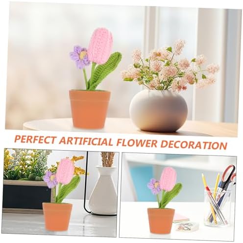 Pink Crochet Flower Pot Artificial Bonsai Decor