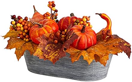 Nearly Natural 12 Inch Fall Pumpkin and Berries Artificial Arrangement in Washed Vase