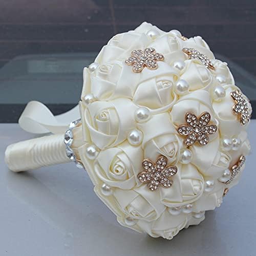 Artificial Flower Gold Brooch Cream Ivory Wedding Bouquet