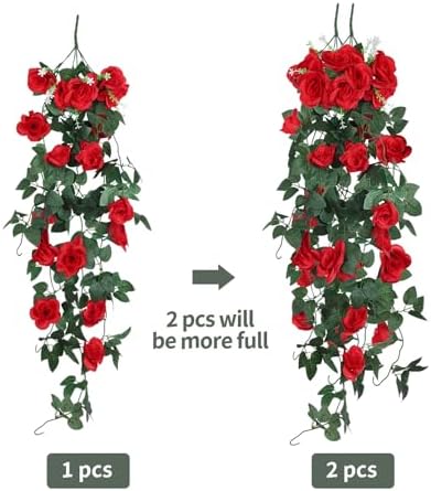 Artificial Hanging Rose Flower with LED Lights 2PCS Red