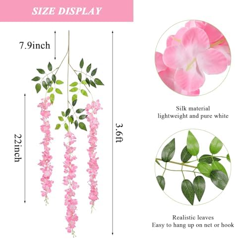 Pauwer Wisteria Hanging Flowers 24 Pack Artificial Garland Pink