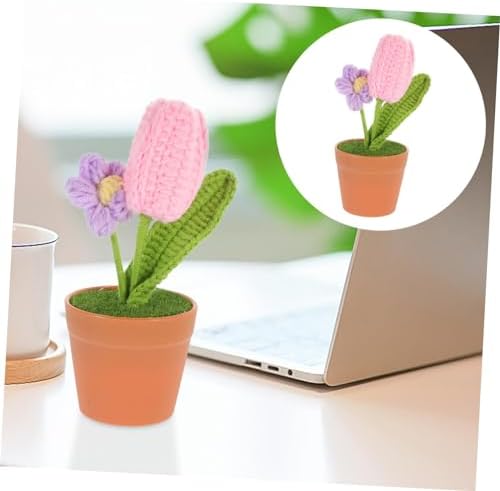 Pink Crochet Flower Pot Artificial Bonsai Decor