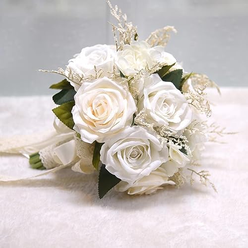 Bride Bouquets for Wedding Ivory Champagne Artificial Flowers Roses Tossing Bouquet