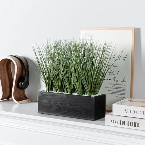 MyGift 12 Inch Artificial Green Grass in Black Wood Planter