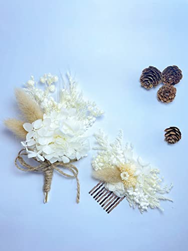 Handmade Dried Flower Boutonniere and Hair Clip Set Ivory
