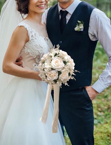 Bride Bouquets for Wedding Ivory Champagne Artificial Flowers Roses Tossing Bouquet