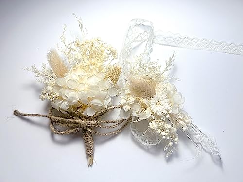 Elegant Handmade Dried Flower Boutonniere and Corsage Set Ivory