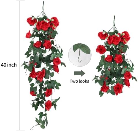 Artificial Hanging Rose Flower with LED Lights 2PCS Red