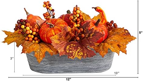 Nearly Natural 12 Inch Fall Pumpkin and Berries Artificial Arrangement in Washed Vase