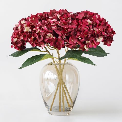 5Pcs Madder Red Faux Silk Hydrangea Artificial Flowers with Stem