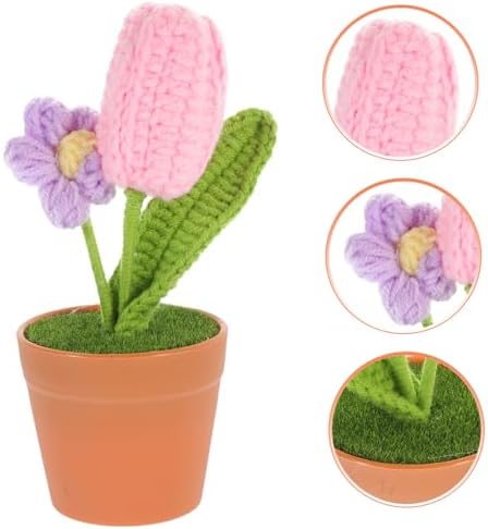 Pink Crochet Flower Pot Artificial Bonsai Decor