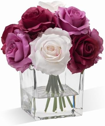 Artificial Rose Flowers in Vase with Faux Water Purple White