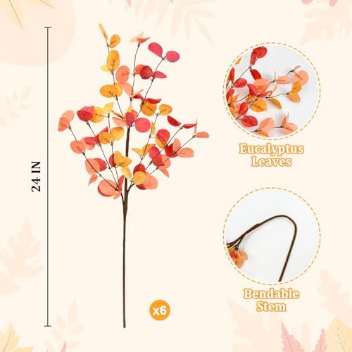 Fall Decor Artificial Eucalyptus Stems 6PCS Farmhouse Decor