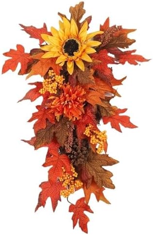 Fall Teardrop Wreath with Sunflowers and Maple Leaves