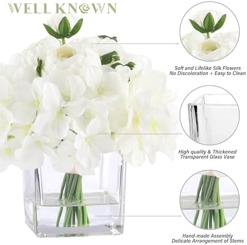 WELL KNOWN Artificial Hydrangea Ranunculus Flowers in Vase White