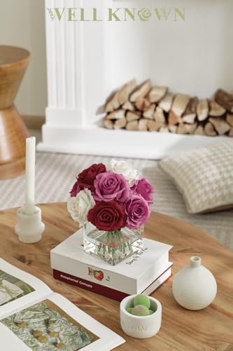 Artificial Rose Flowers in Vase with Faux Water Purple White