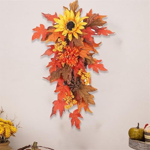Fall Teardrop Wreath with Sunflowers and Maple Leaves