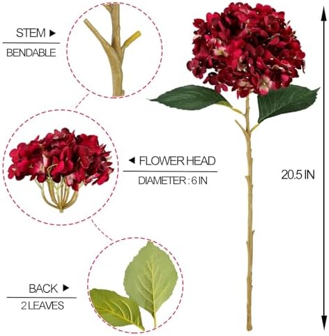 5Pcs Madder Red Faux Silk Hydrangea Artificial Flowers with Stem