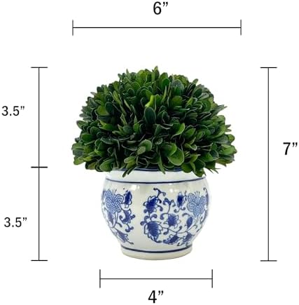Galt International 7 Inch Preserved Boxwood Ball in Blue White Pot Planter