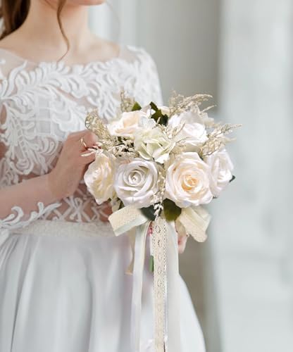 Bride Bouquets for Wedding Ivory Champagne Artificial Flowers Roses Tossing Bouquet
