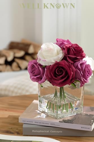 Artificial Rose Flowers in Vase with Faux Water Purple White