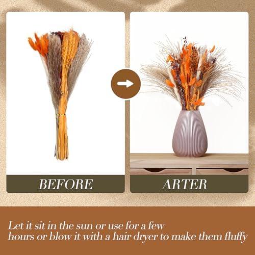 120 Pcs Orange Dried Pampas Grass Autumn Bouquet Decor