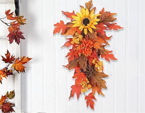 Fall Teardrop Wreath with Sunflowers and Maple Leaves