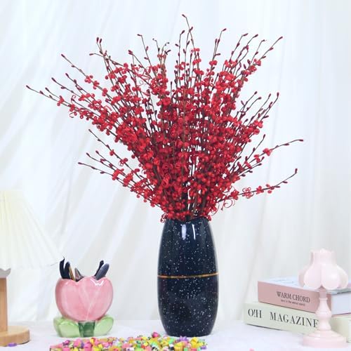 295 Inch Long Stem Jasmine Artificial Flowers 5Pcs Red with Berry