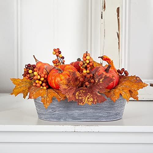 Nearly Natural 12 Inch Fall Pumpkin and Berries Artificial Arrangement in Washed Vase