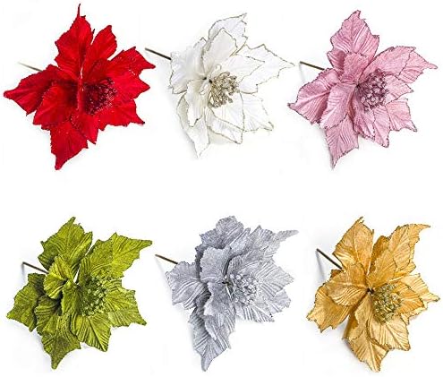 Glitter Velvet Poinsettia Flower Picks 6 Pack