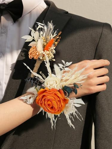 Rinlong Burnt Orange Dried Flower Corsage and Boutonniere Set