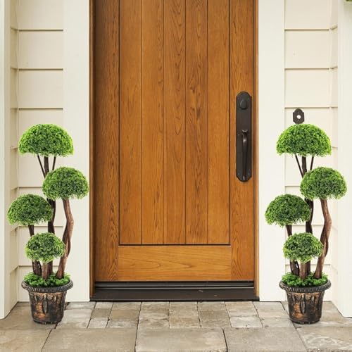 HOMGX Artificial Cypress Topiary Ball Tree with Cement Pot
