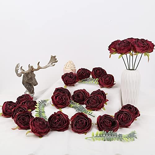 IPOPU Burgundy Artificial Roses 25pcs Flower Heads for Decor