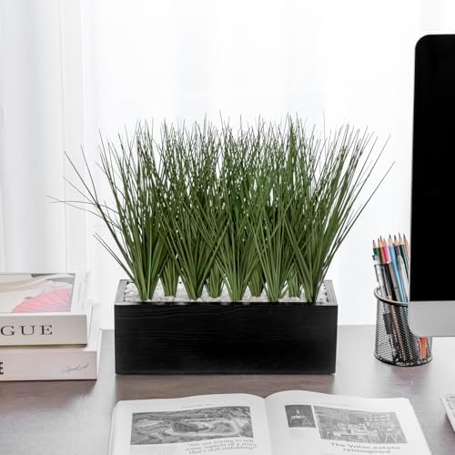 MyGift 12 Inch Artificial Green Grass in Black Wood Planter