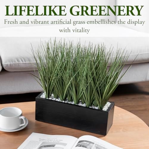 MyGift 12 Inch Artificial Green Grass in Black Wood Planter