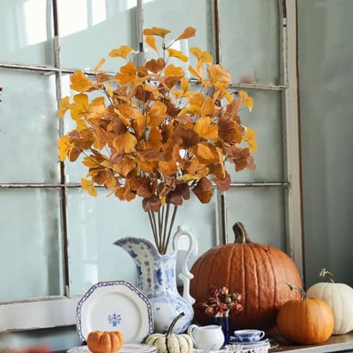 6 Pcs Artificial Ginkgo Leaves Stems for Autumn Decorations