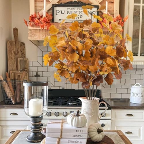 6 Pcs Artificial Ginkgo Leaves Stems for Autumn Decorations