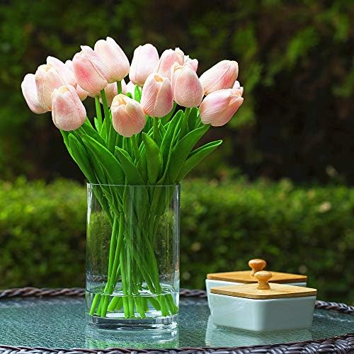 ENOVA HOME Artificial Tulips Flower Arrangement in Glass Vase Pink