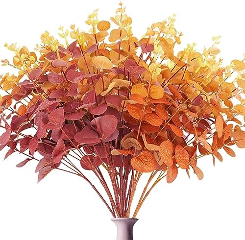 36Pcs Artificial Eucalyptus Fall Plants with Orange Red Yellow Stems
