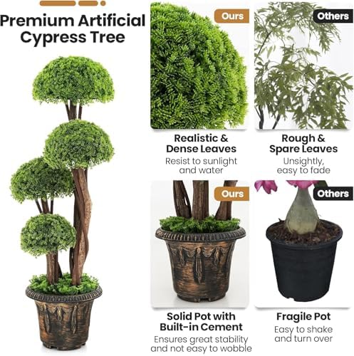 HOMGX Artificial Cypress Topiary Ball Tree with Cement Pot