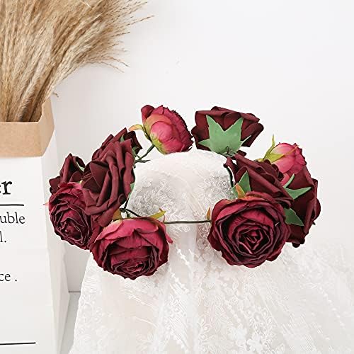 IPOPU Burgundy Artificial Roses 25pcs Flower Heads for Decor