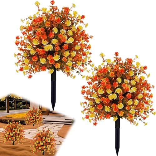 Fall Artificial Topiary Ball Tree with Mums Flowers Set of 2