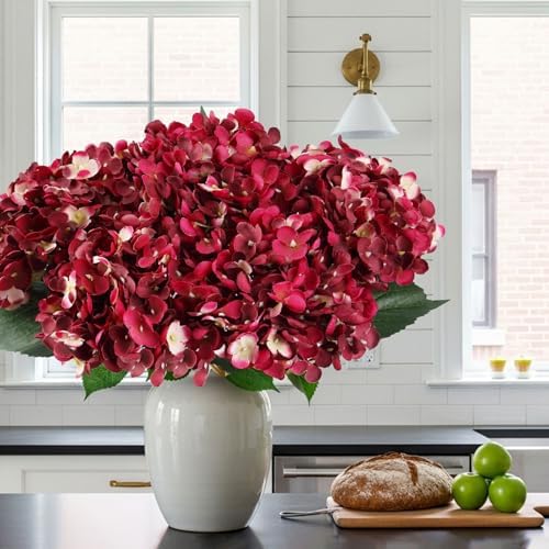 5Pcs Madder Red Faux Silk Hydrangea Artificial Flowers with Stem