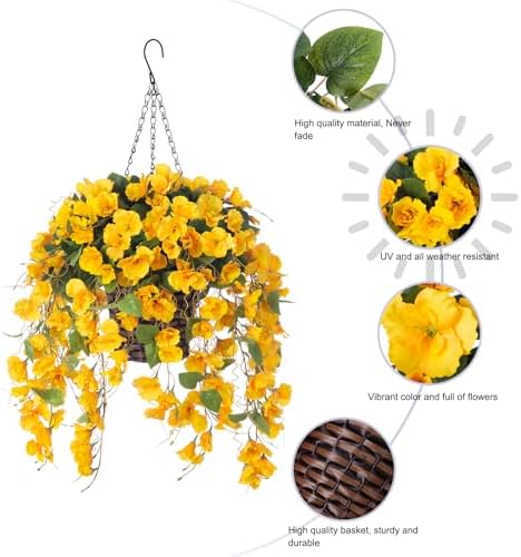 HyeFlora Artificial Hanging Hibiscus Flower Basket - Yellow