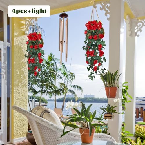 Artificial Hanging Rose Flower with LED Lights 2PCS Red