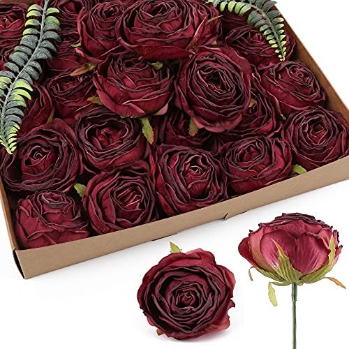 IPOPU Burgundy Artificial Roses 25pcs Flower Heads for Decor