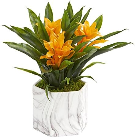 Nearly Natural Artificial Bromeliad Vase with Marble Finish